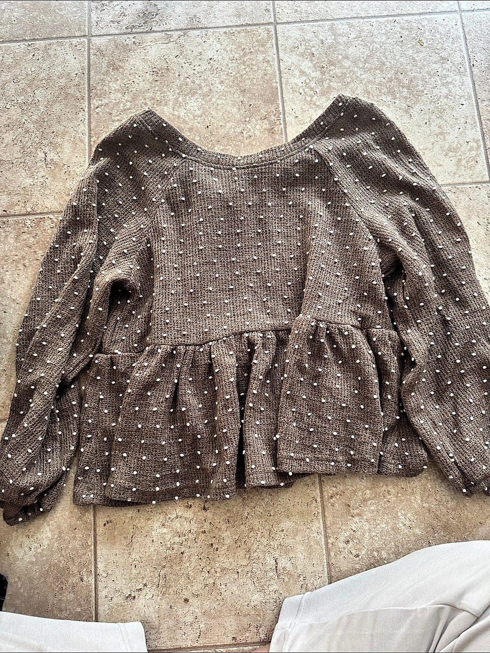 blu pepper Textured Dot Peplum Balloon Sleeve Top Brown & White Small